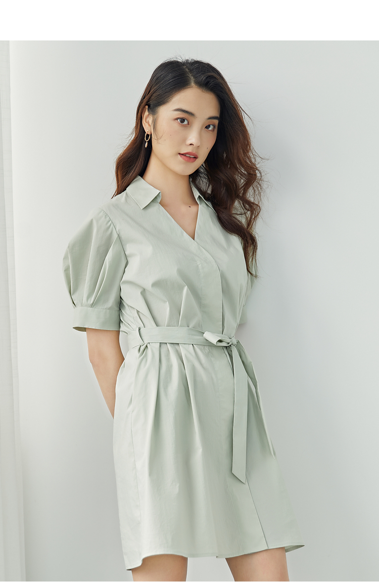 收腰系带连衣裙女紫淑春夏新款v领泡泡袖小个子显瘦短袖裙子灰绿s