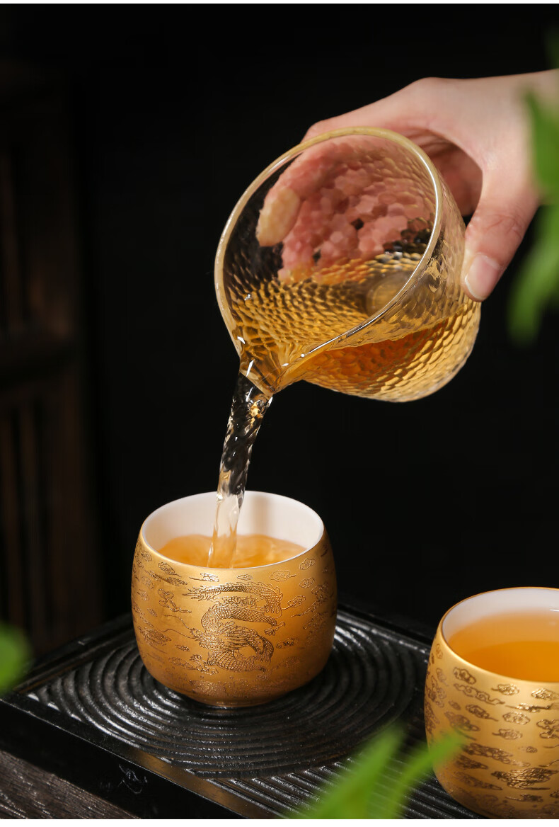 仙袋龙凤24k鎏金茶盏礼品茶具浮雕对杯纯银茶杯轻奢功夫茶杯套装鎏金