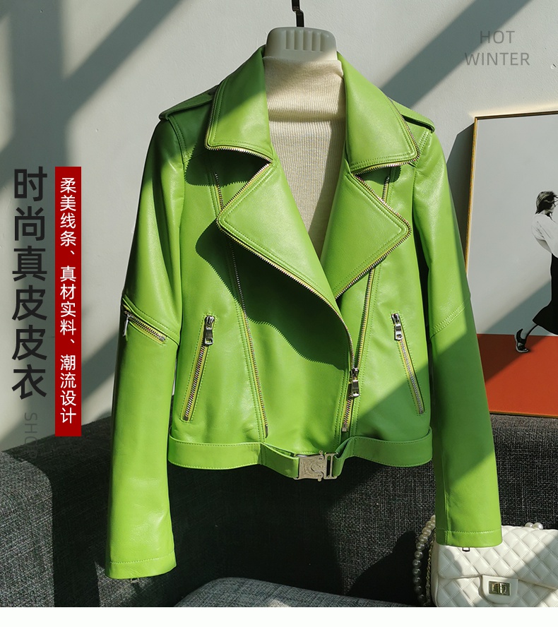 海宁皮革城年秋季绿色小皮衣女常规款羊皮机车服常规款酷帅外套潮绿色