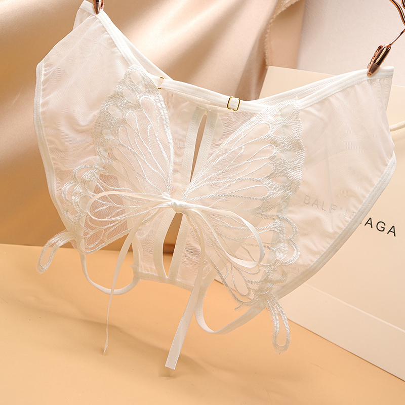 女士性感内裤透明蕾丝系带镂空免脱低腰裤衩蝴蝶裤衩开裆短裤rpgv白色