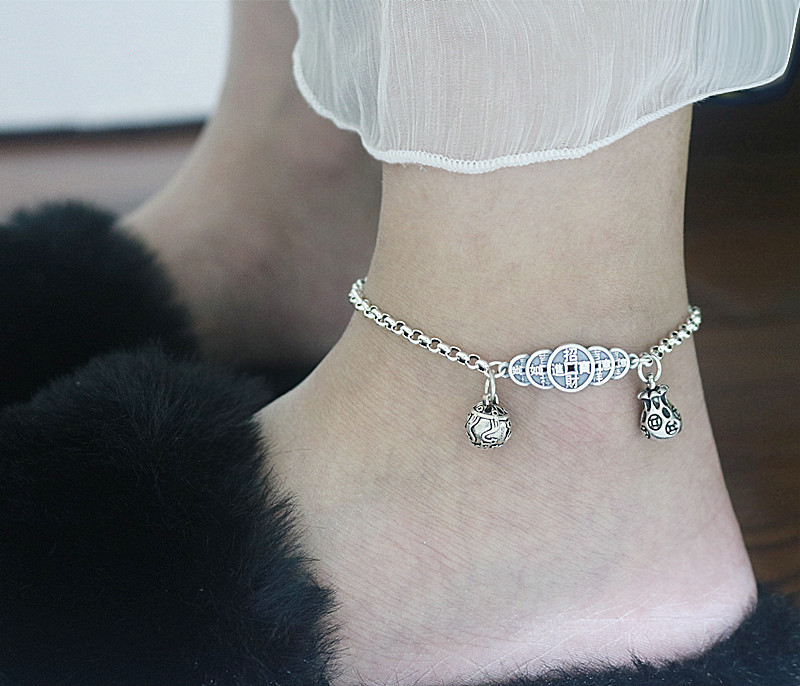 铃铛脚链女复古五帝币银脚链铃铛钱袋女平安个性潮生日礼物定制款 不