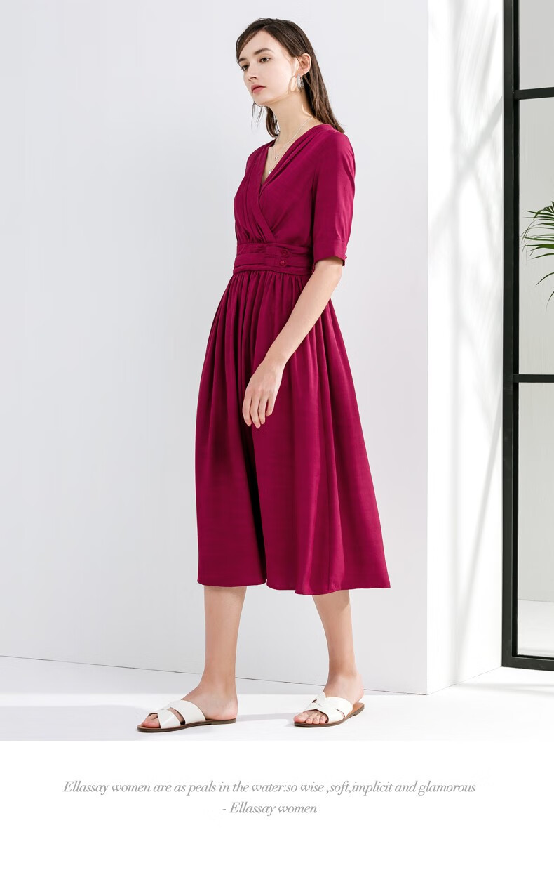 ellassay歌力思2020春夏新款 文艺复古酒红色连衣裙中长款 纯净白 l