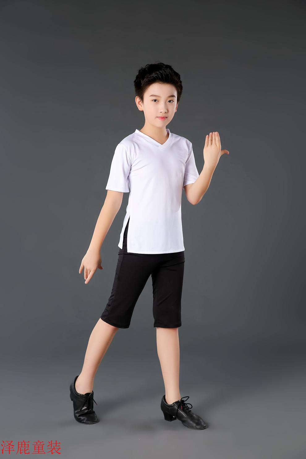 小憨鹿男童男孩拉丁舞服装少儿儿童男生舞蹈套装夏季短袖形体训练练功