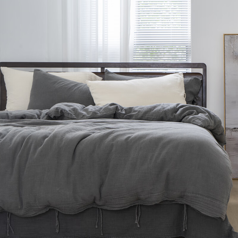 侘寂风四件套a类日式侘寂风纯色轻柔双层纱四件套简约素色裸睡床品脏