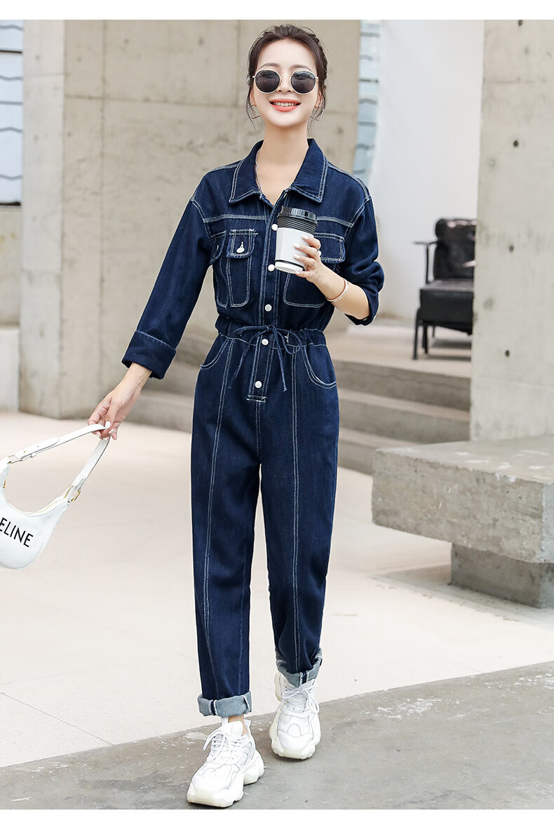 卡娇萱轻奢品牌连体衣秋季新款女装韩版修身翻领女式牛仔连体裤蓝色m