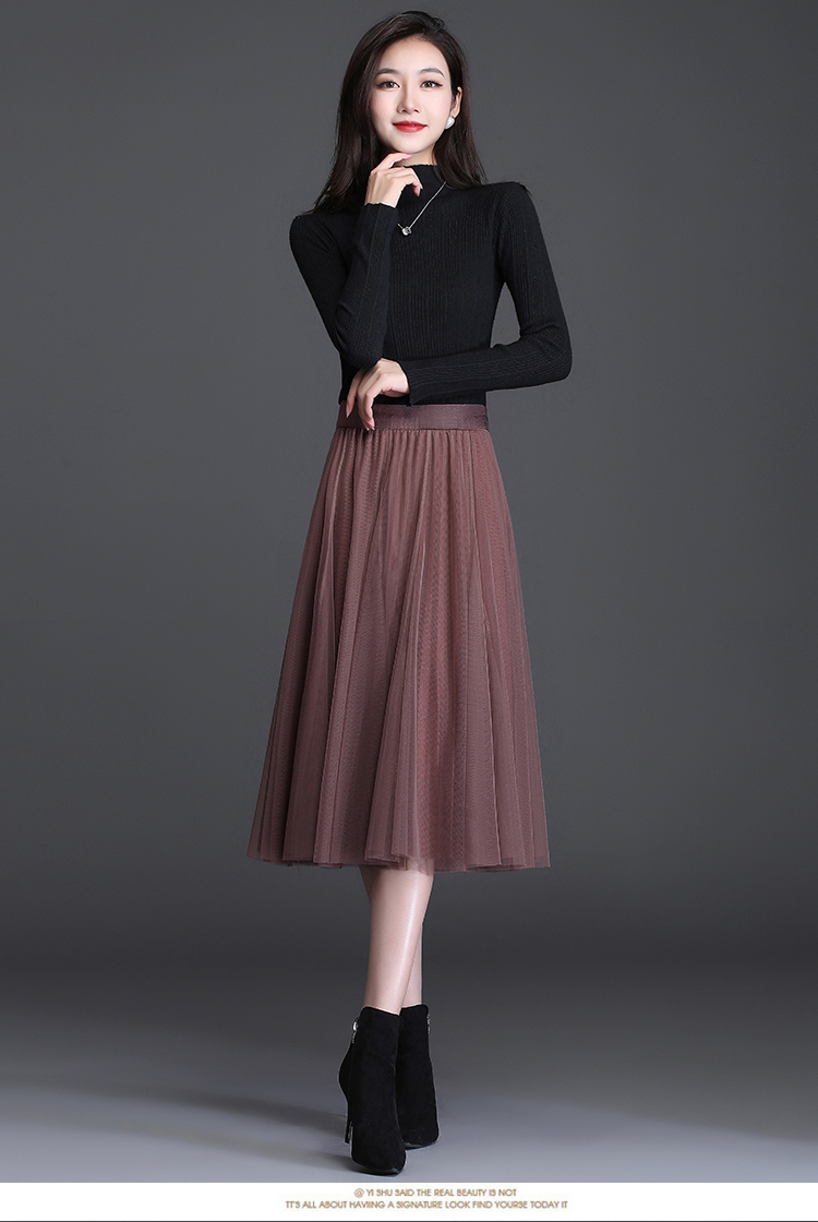 4050岁中年半身裙春秋中长款女士百褶裙网纱裙子矮小个子秋冬妈妈妇女