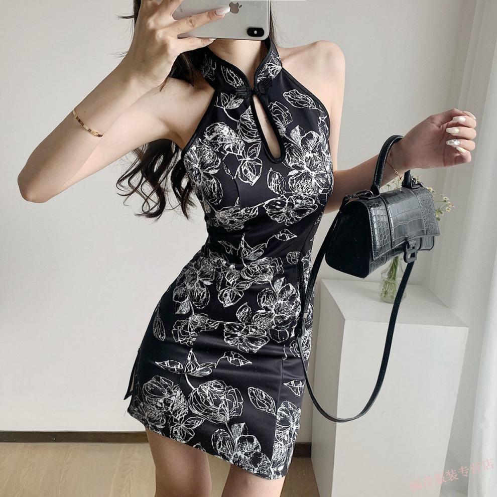 收腰显瘦气质性感包臀开叉改良短款旗袍连衣裙女夏网红主播同款黑色s