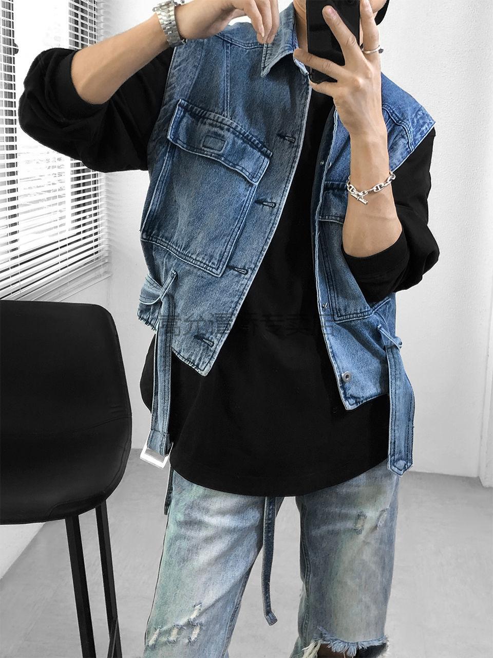 夏天夹克背心男潮牌休闲翻领帅气工装无袖牛仔马甲男背心青年春秋季外