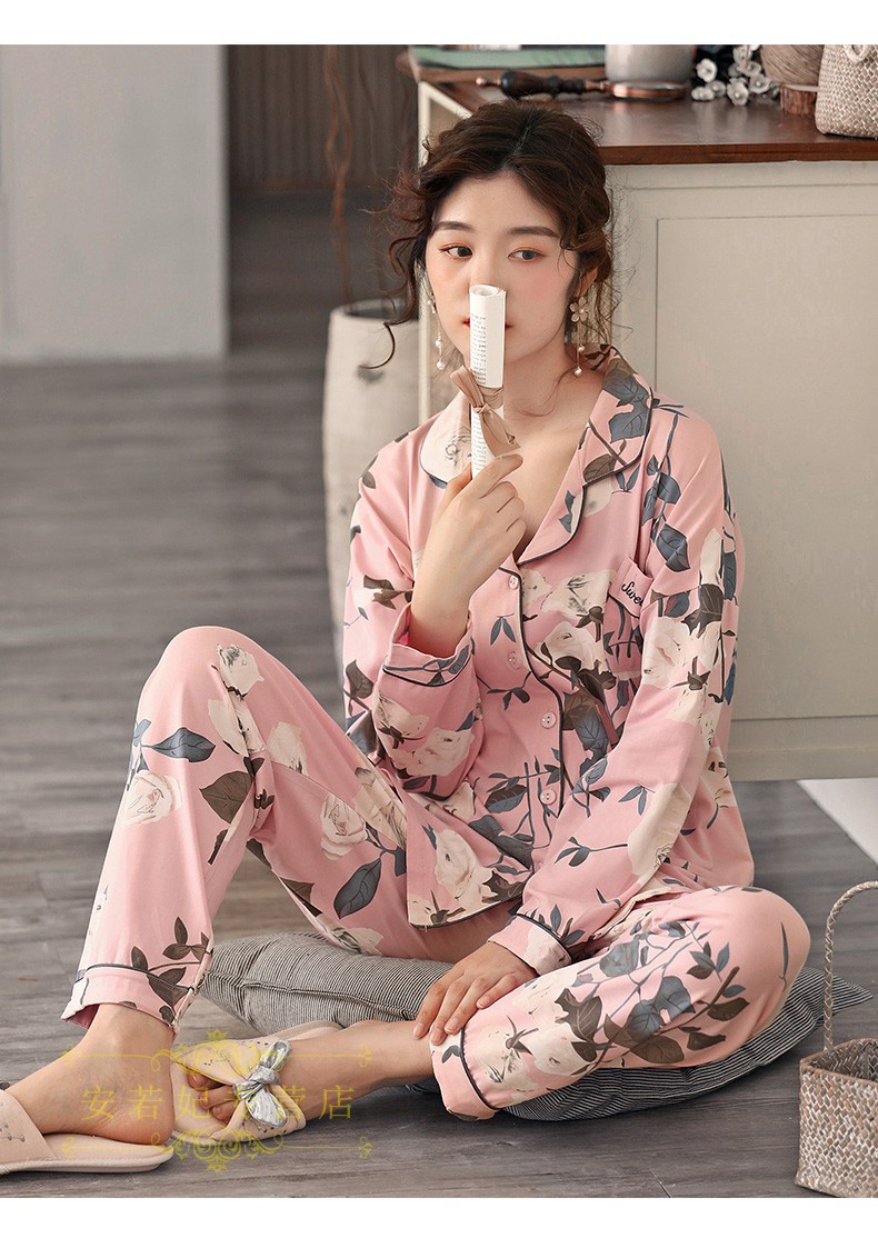 安若妃轻奢品牌大码睡衣女春秋季2020年新款长袖家居服全棉韩版中年