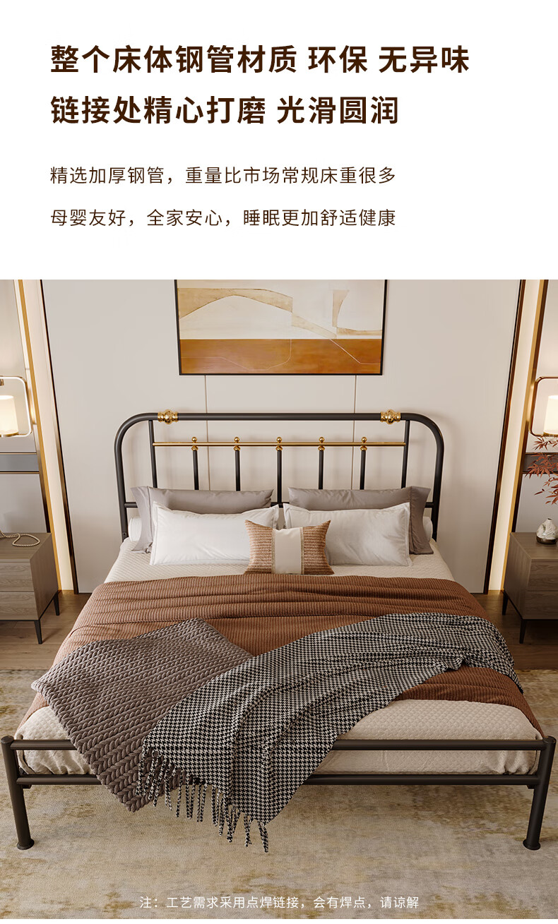 天坛家具床 铁艺床 现代简约双人铁床 双人钢木床 床 21cm弹簧床垫 1.