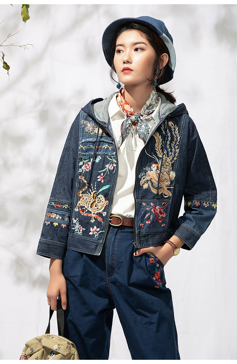 渔牌女装外套新款2022薄款名族风国风绣花休闲牛仔夹克女 牛仔蓝 180