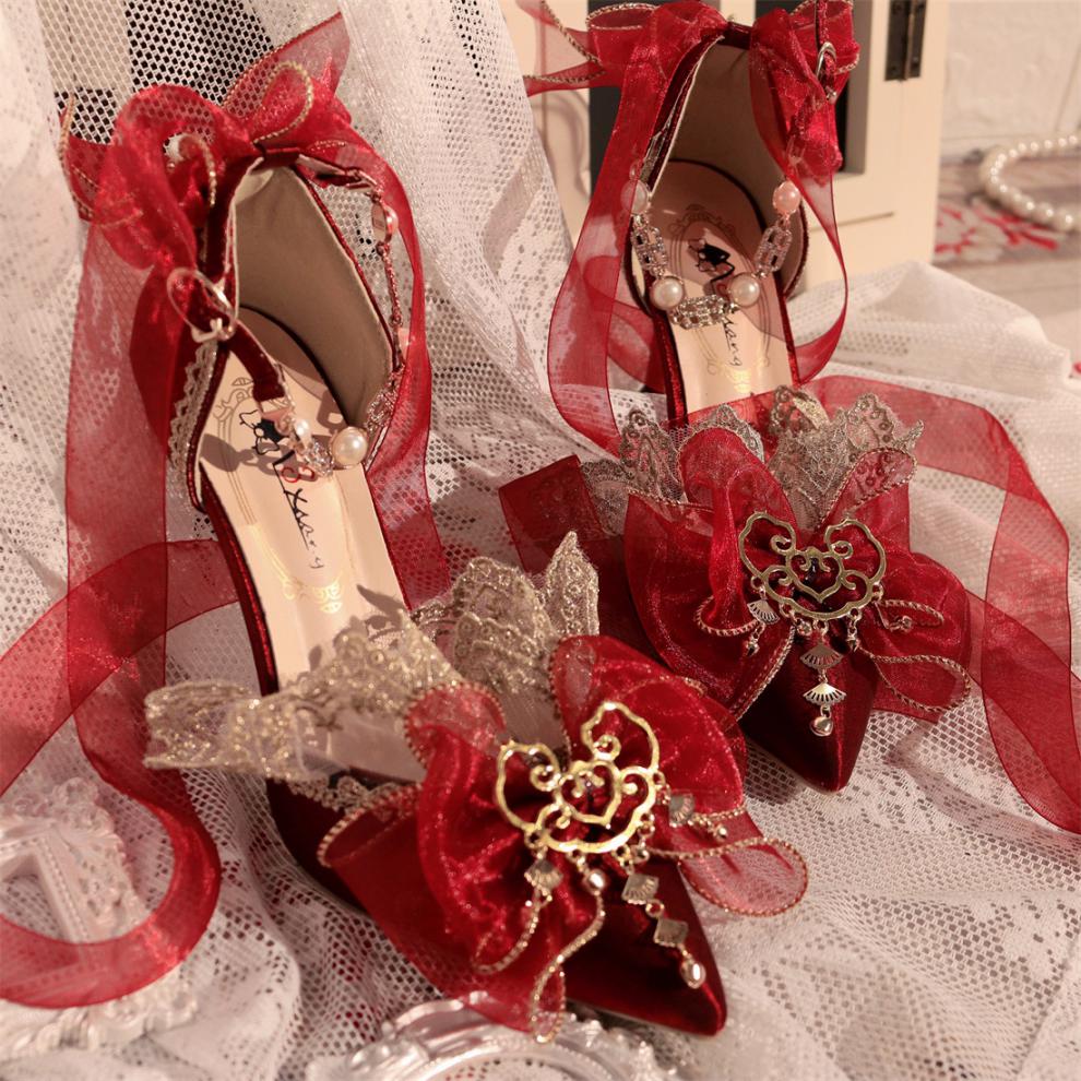 洛丽塔高跟鞋细跟独角兽之翼太炎兽lo鞋华丽花嫁酒红色婚鞋新娘 烟灰