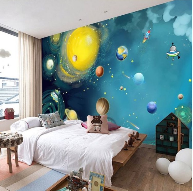 haslem3d手绘卡通宇宙星空墙纸卧室儿童房背景墙壁纸幼儿园男女孩房