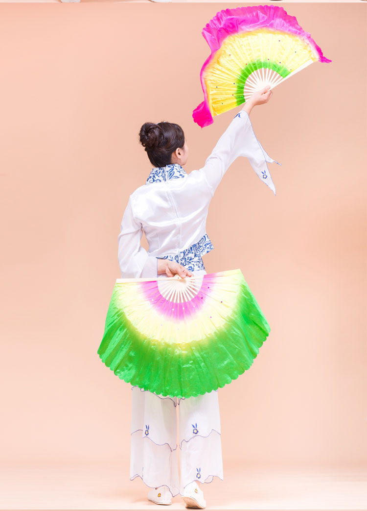 舞蹈扇子跳舞扇加长左右手对扇广场舞扇扭秧歌扇子中国风绸扇 绿黄