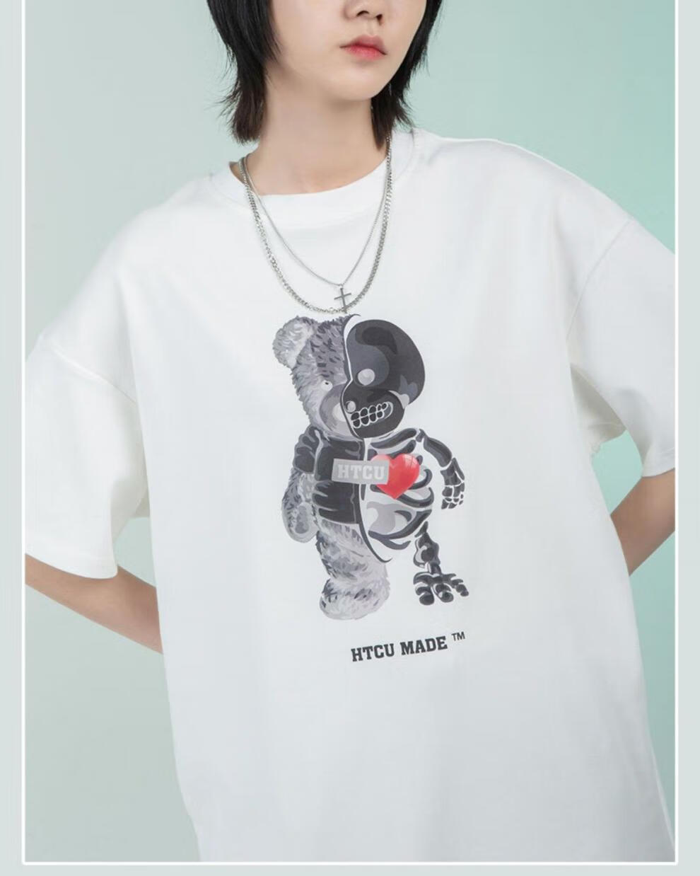 宋亚轩同款htcu卡通玩偶爱心骷髅小熊短袖宽松休闲t恤潮牌情侣男黑色