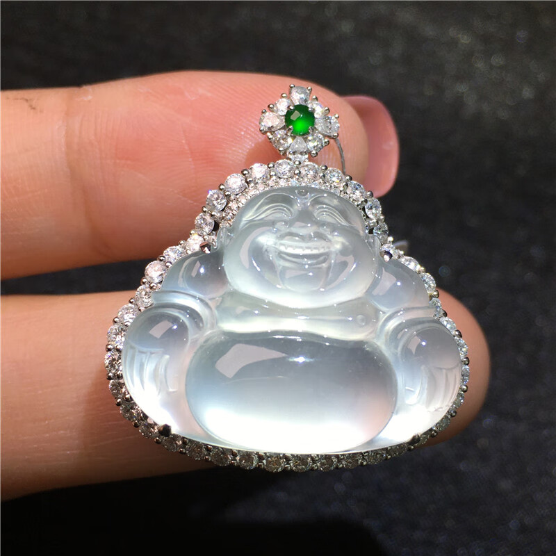 缅甸高端翡翠冰种玉佛公观音弥勒笑佛吊坠项链满阳绿色挂件男女款 乳