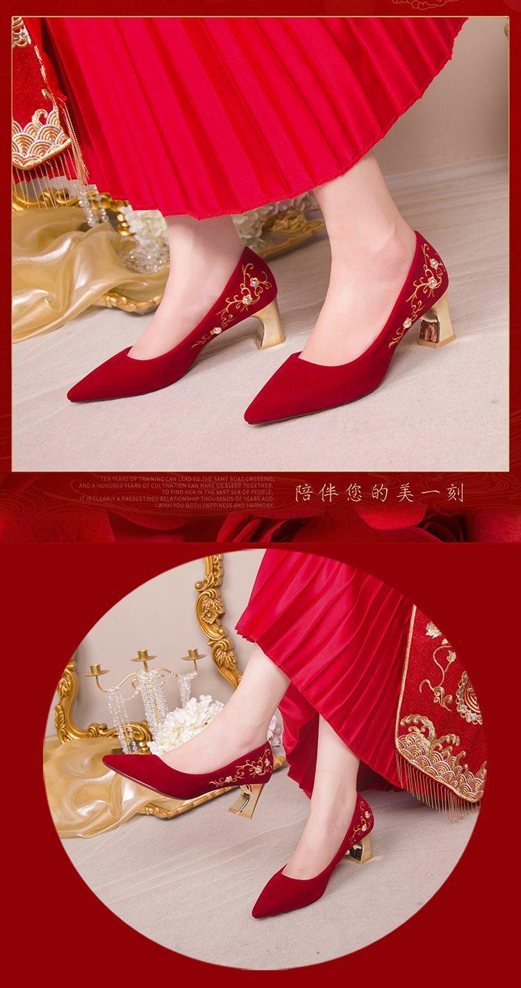 婚鞋女平底红色结婚鞋女粗跟新款婚纱平底鞋新娘鞋红秀禾中跟孕妇低跟