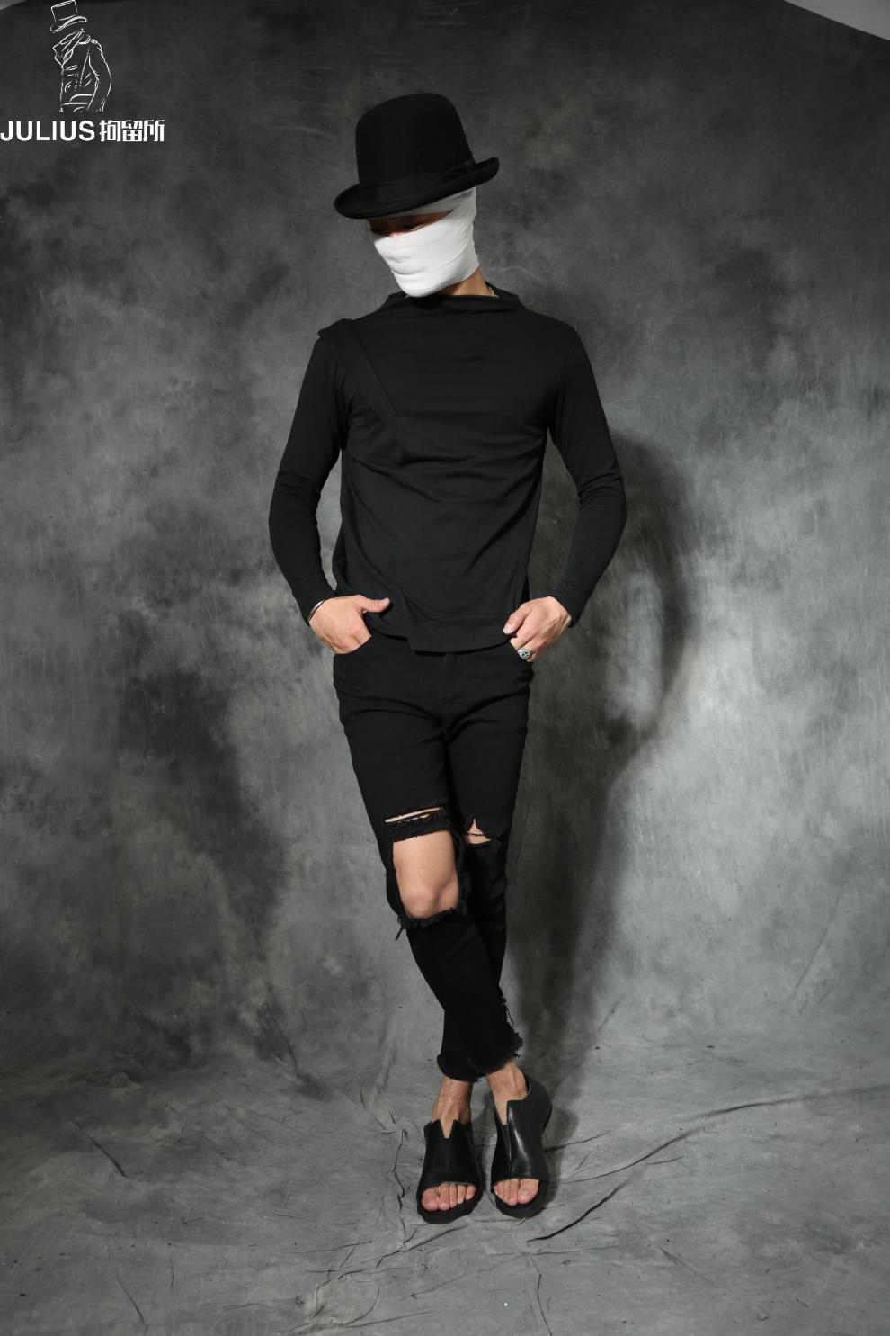 暗黑短款纯色舞台t 黑色 s_现价julius春秋男士个性立领修身长袖棉麻