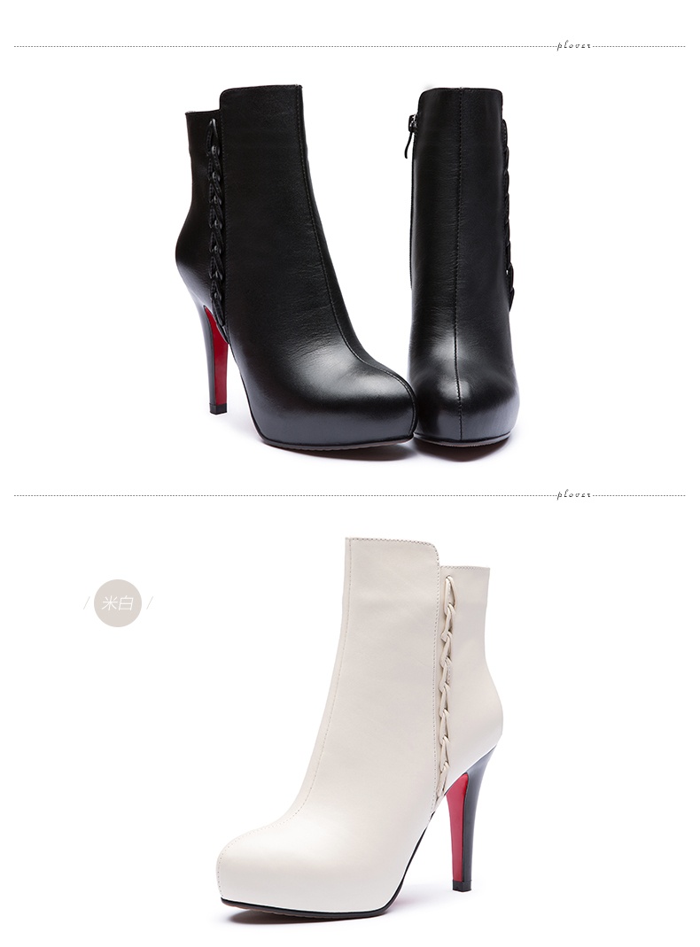 plover2015秋冬新款女靴真皮高跟女鞋 黑色经典款防水台高跟短靴子 加