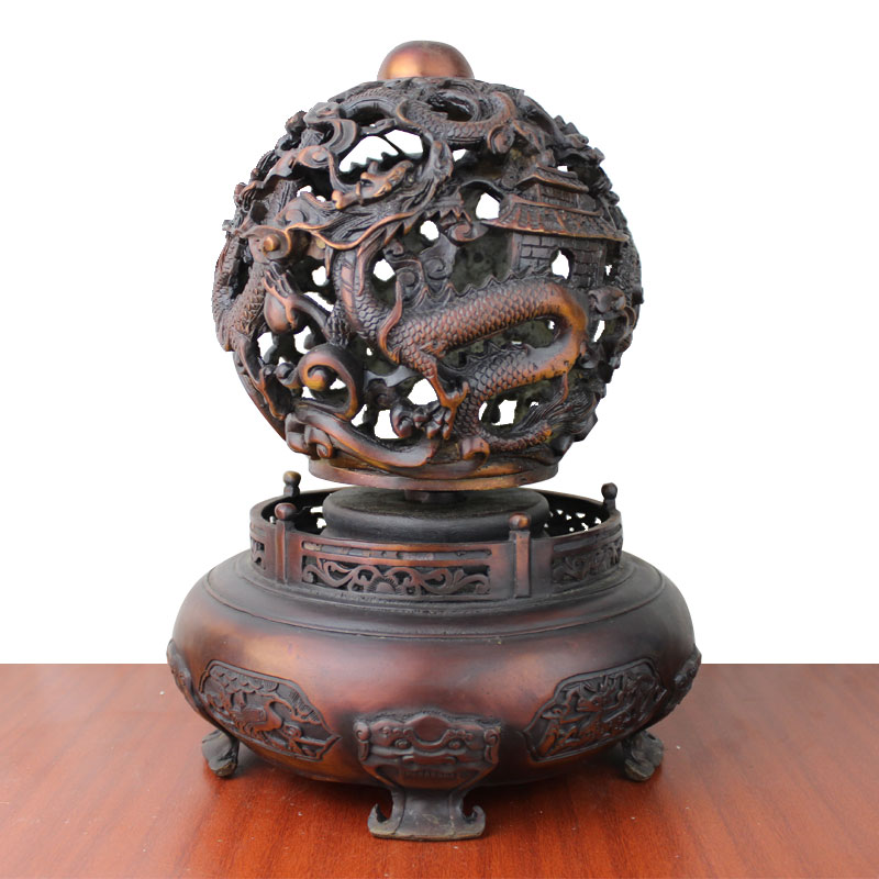 宇卓铜器纯铜九转乾坤黄铜龙纹圆球工艺品摆件高32cm紫铜色扭转乾坤