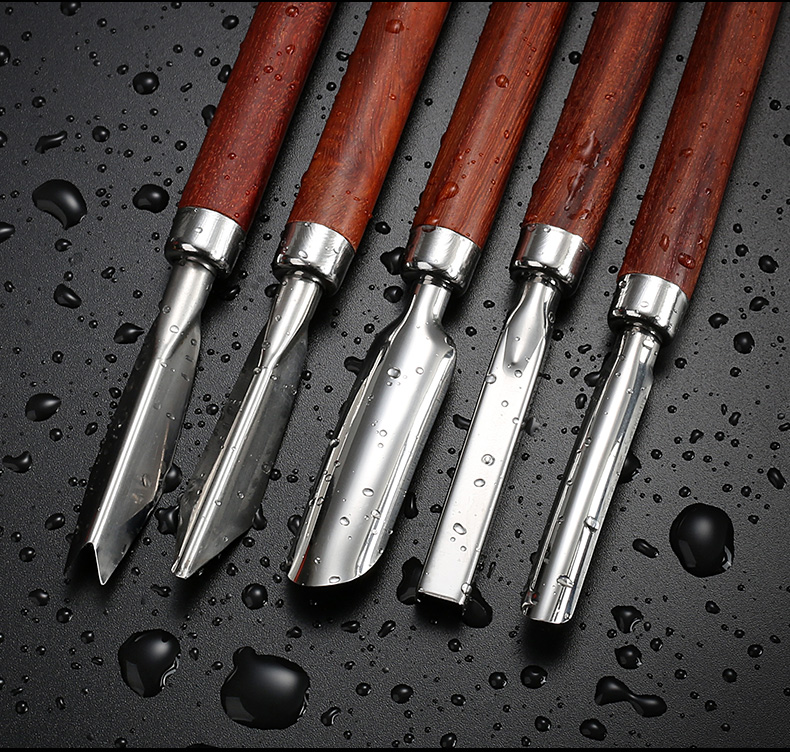 将公 水果雕刻刀不锈钢u型v型戳刀红檀手柄o拉刻刀厨师食品雕花刀