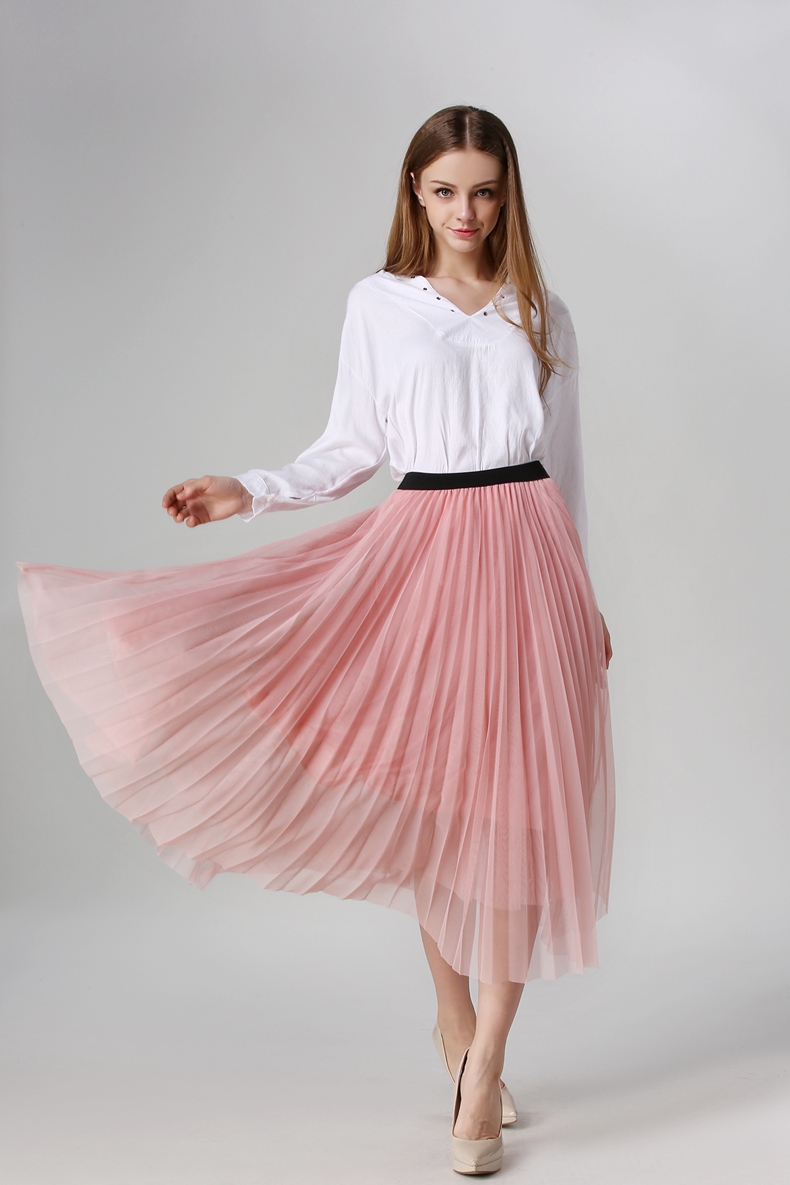 简诗蔻2016春夏新款时尚百搭大牌网纱百褶裙大摆裙半身裙长裙时尚百搭