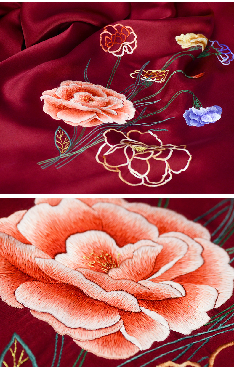 名古绣艺纯手工刺绣苏绣真丝大披肩康乃馨母亲礼物民族风国庆节礼物