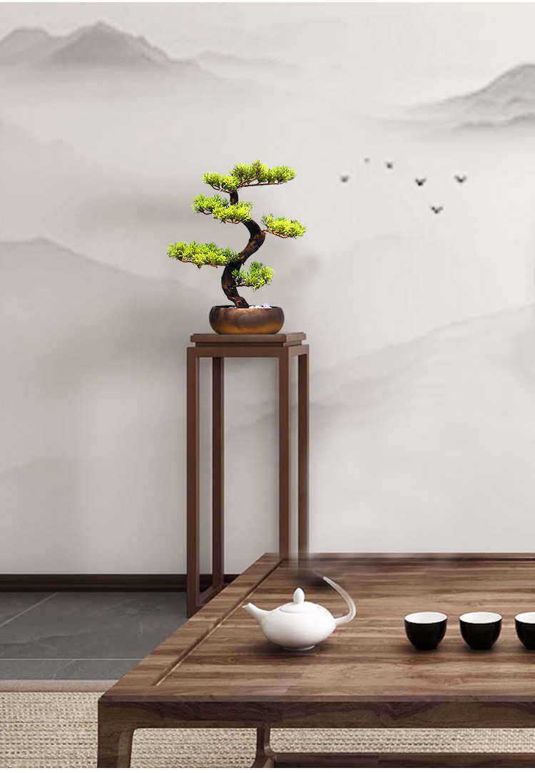 新款迎客松摆件新中式禅意摆件仿真迎客松盆景陶瓷小盆栽枯松树客厅