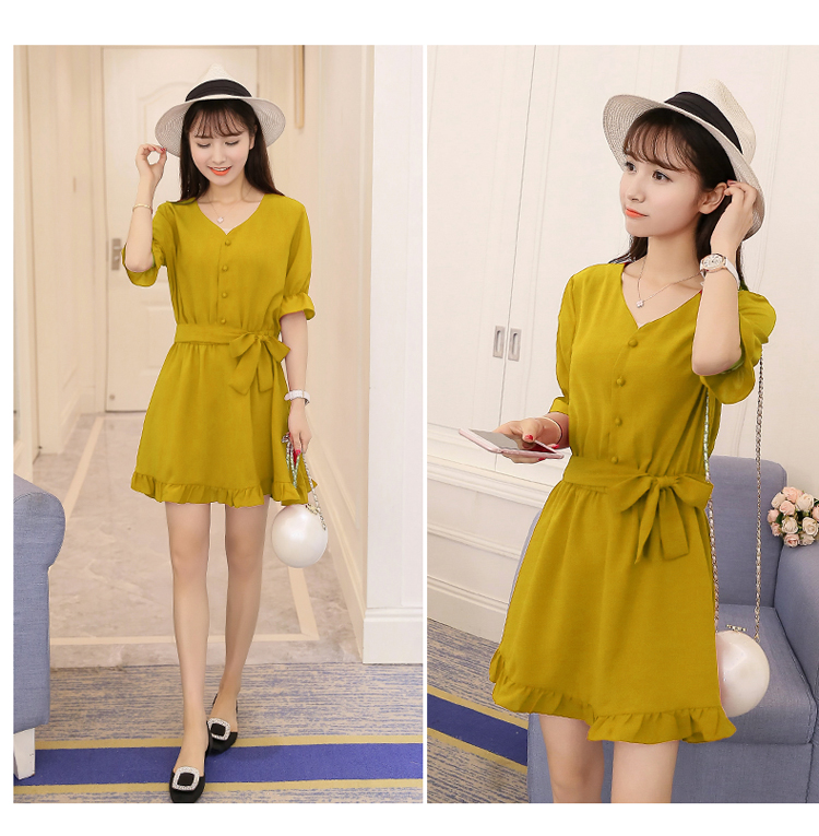 女装 连衣裙 卡微娅 卡微娅2016夏季新款v领小清新荷叶边学院风收腰