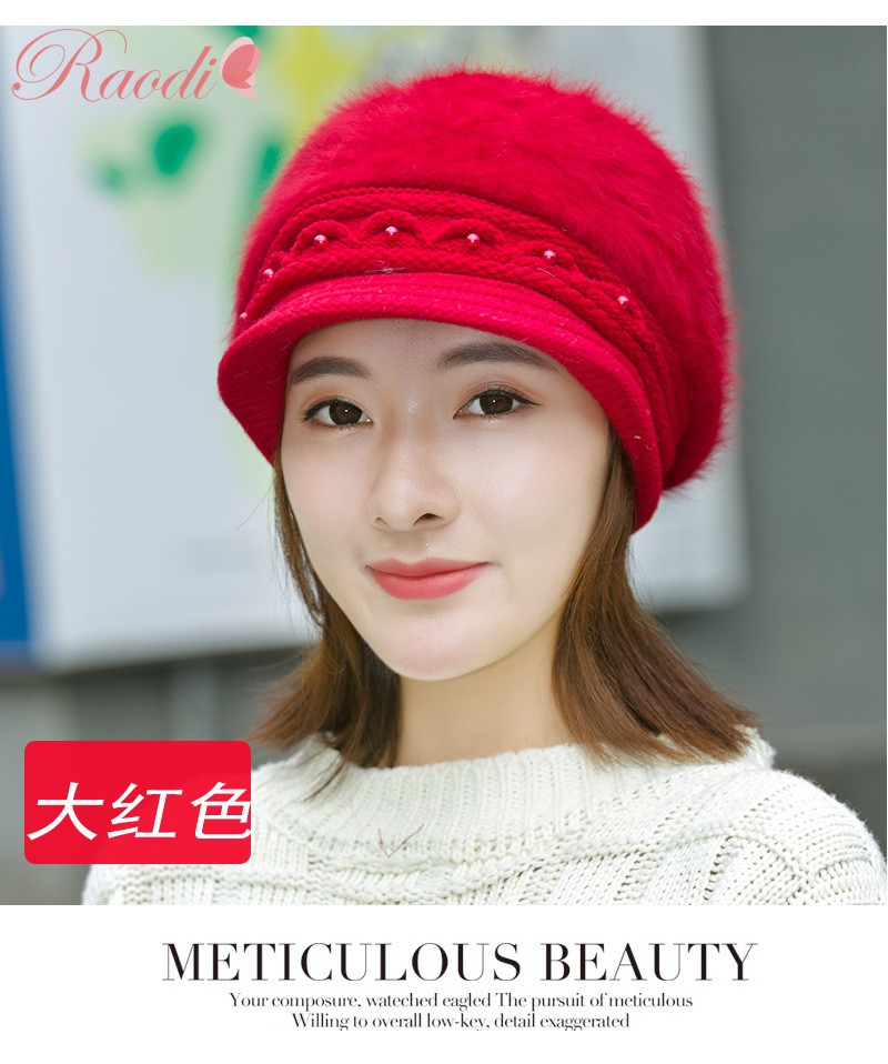 娆蝶 毛线帽子女士秋冬季新款韩版兔毛棒球帽女带帽檐针织帽时尚保暖