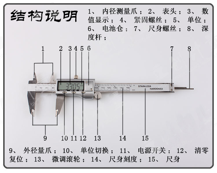 数显游标卡尺数字015002000300001mm深度尺金属外壳0200mm