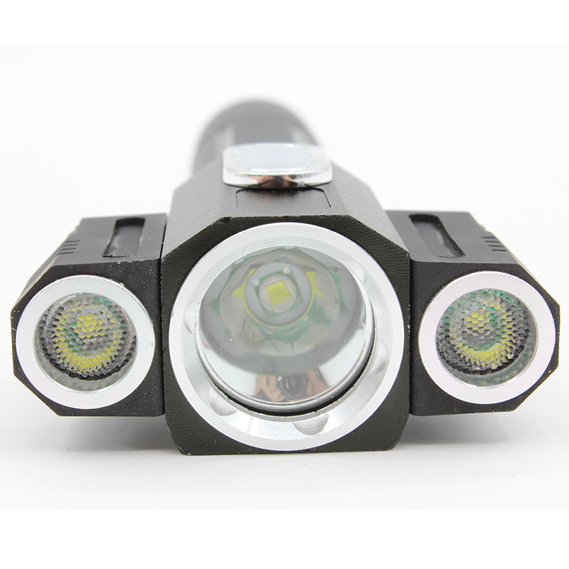 三头旋转多功能强光手电筒尾部带磁铁工作灯骑行车灯jer 一电一充t6 2