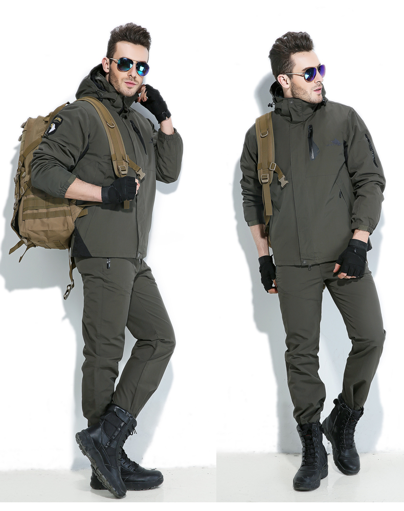 新款冲锋衣衣裤套装男三合一防水可拆内胆户外两件套登山服套装款 军