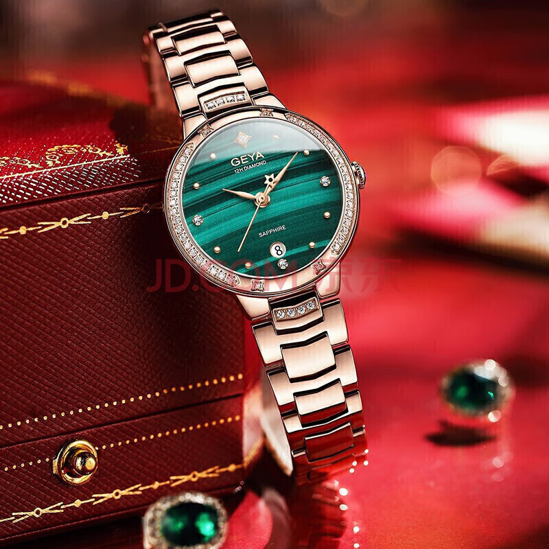 格雅(geya)手表女简约时尚石英女表钢带防水女士手表钢带幸运绿礼盒款