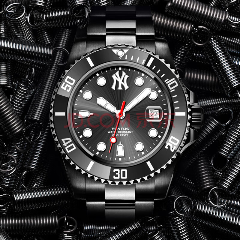 美职棒(mlb)手表男 潮牌时尚绿水鬼镂空钢带男士手表 日历夜光防水全