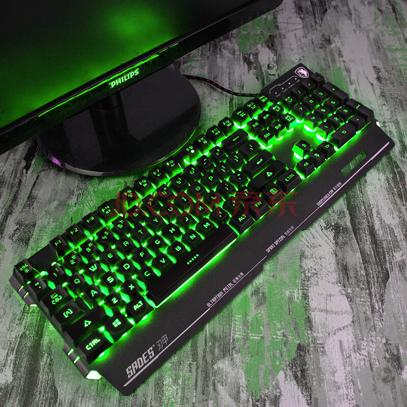 赛德斯(sades)刃甲 绿色背光金属外设游戏键盘 有线发光机械手感电脑