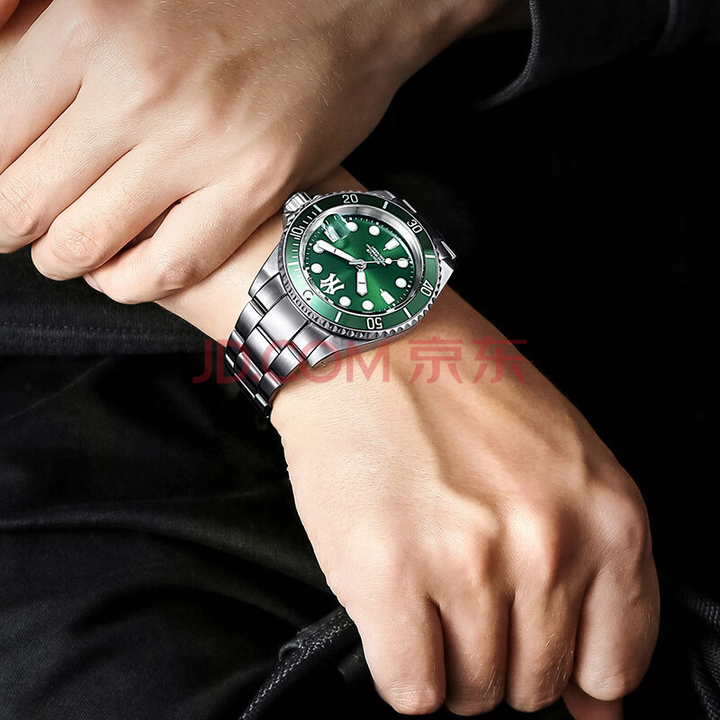 美职棒(mlb)手表男 潮牌时尚绿水鬼镂空钢带男士手表 日历夜光防水全