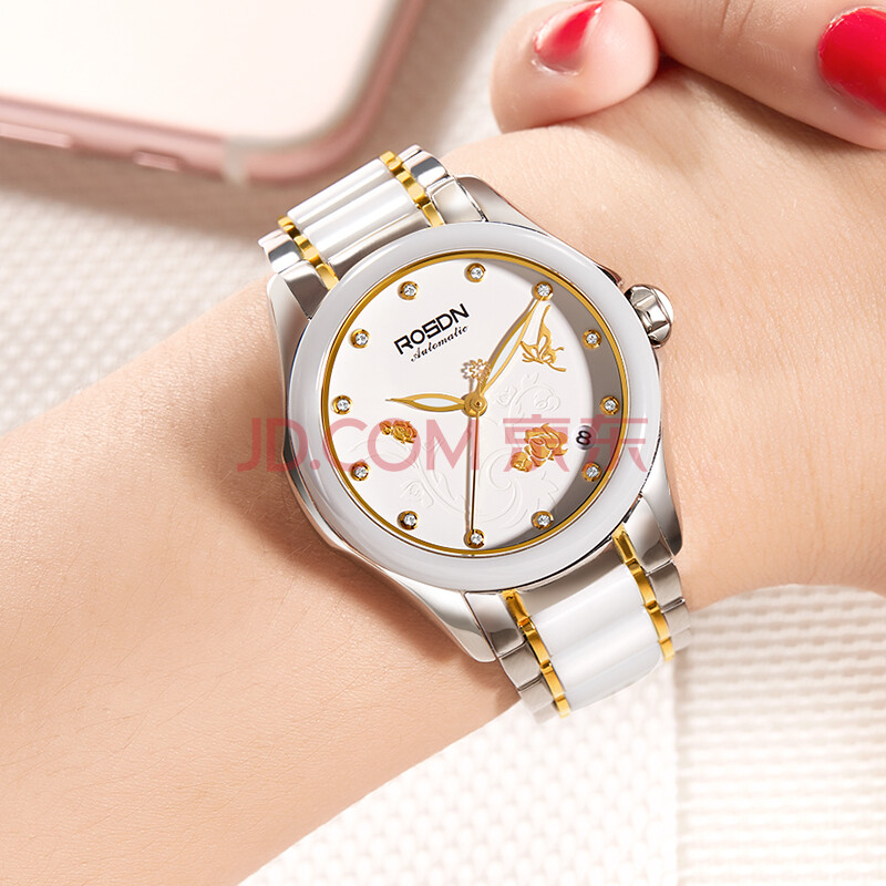 劳士顿(rosdn)手表 机械陶瓷镶钻简约间金白 l2609s-mgw