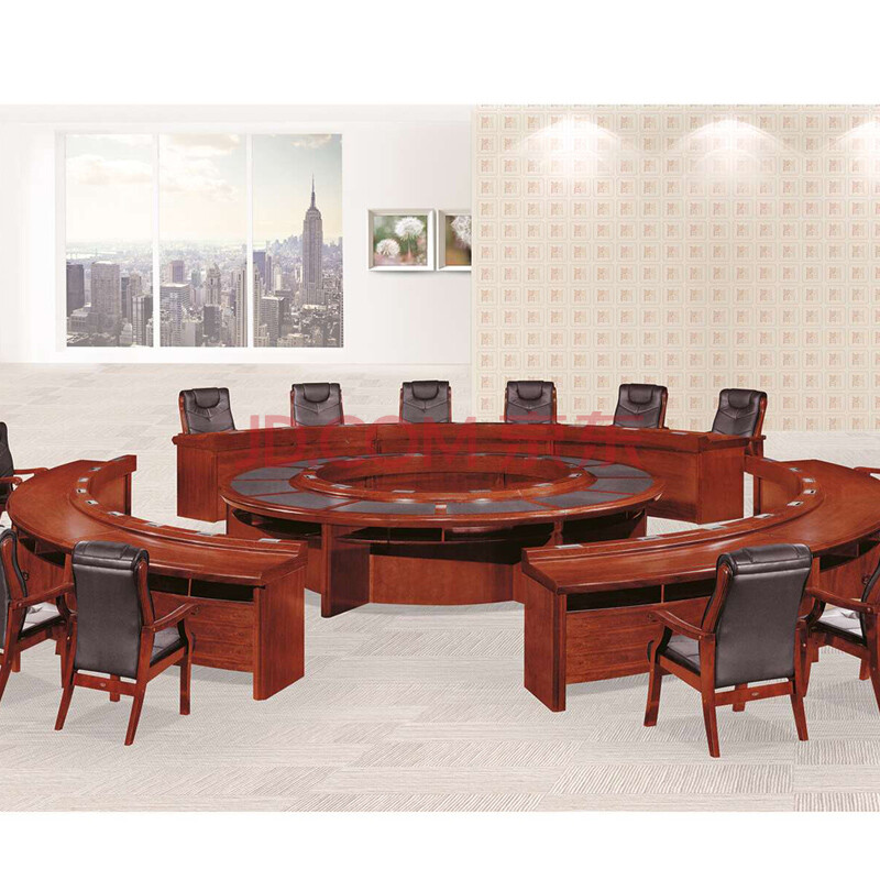 奈高圆形会议桌实木贴皮培训桌洽谈桌办公家具 2.8米 12把椅子