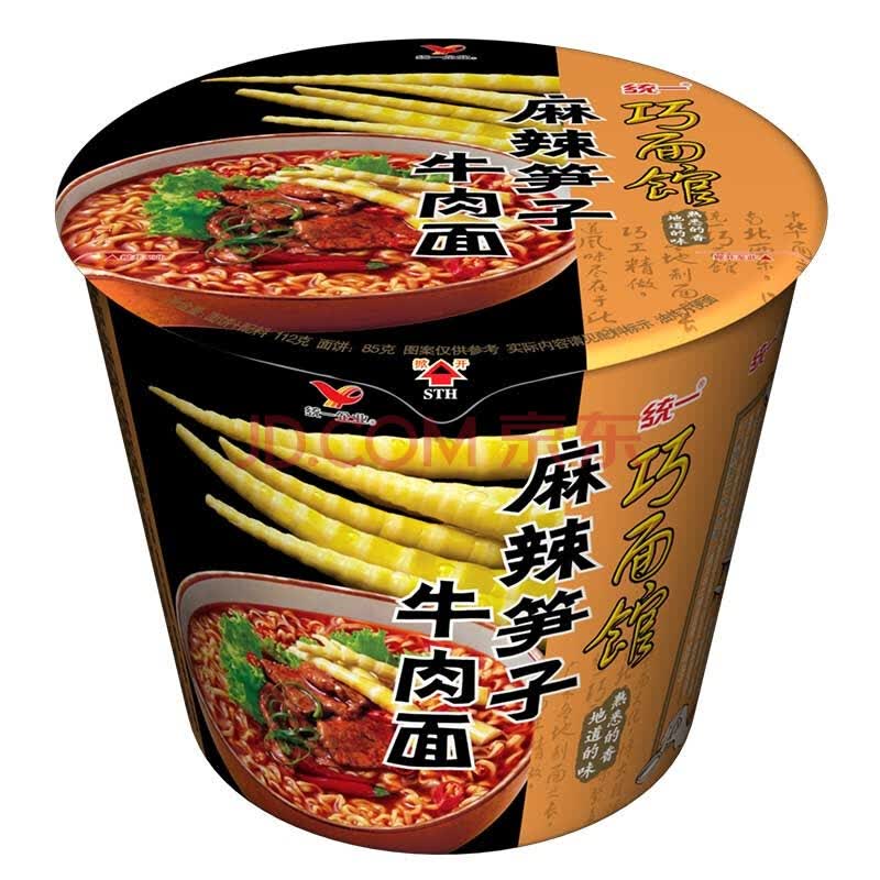 【京东超市】统一 巧面馆 方便面 麻辣笋子牛肉面 112g桶面*12桶 整箱