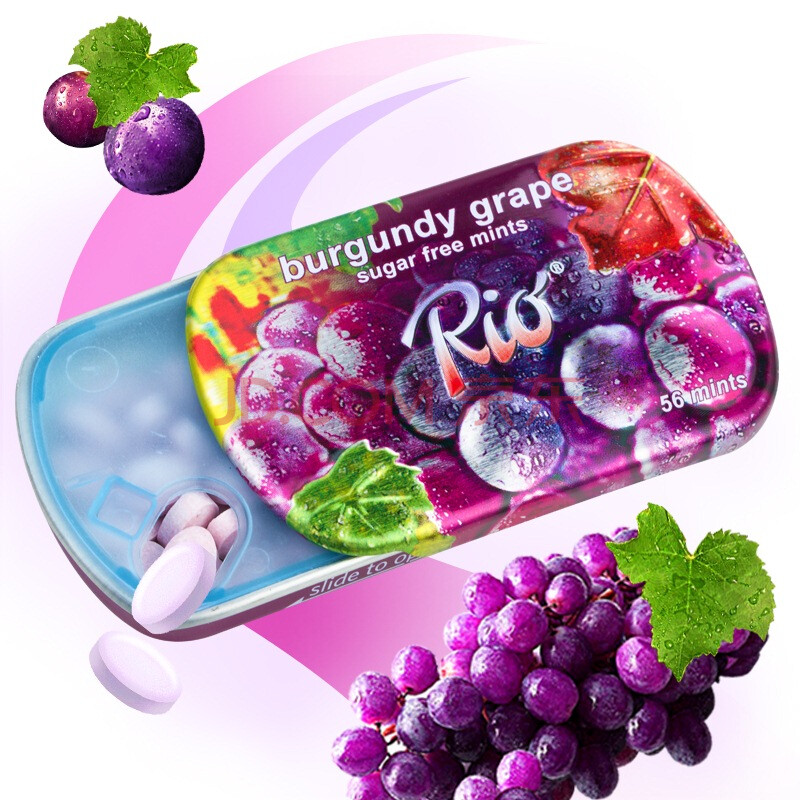 rio无糖薄荷糖 压片糖 糖果 清凉润喉糖 红葡萄味14g(盒装)
