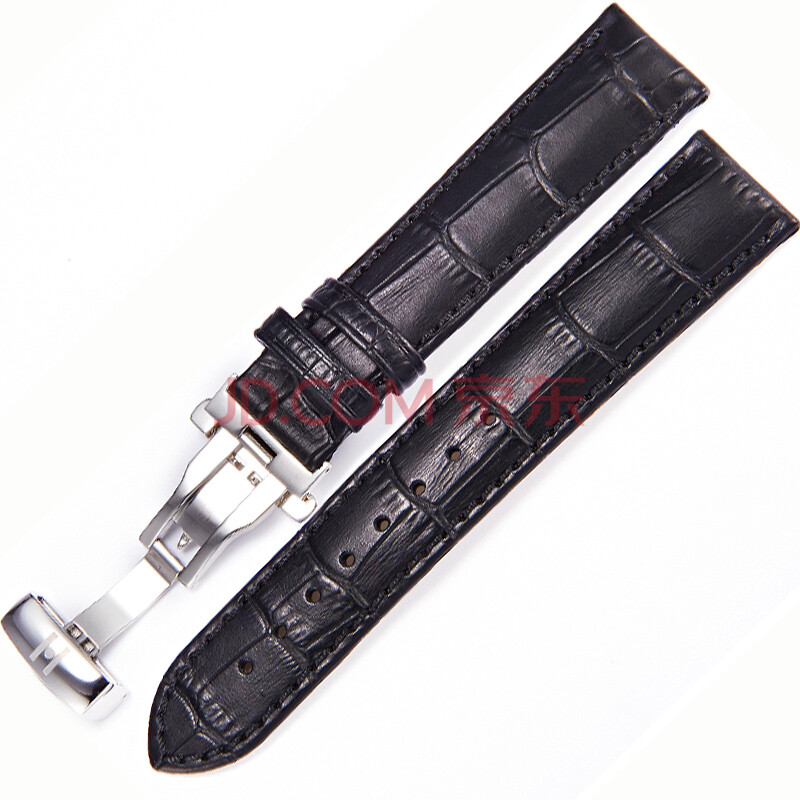 海奕施(hirsch)表带牛皮各品牌男女手表通用表带黑色黑线钢色蝴蝶扣18