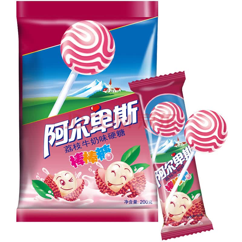 阿尔卑斯荔枝牛奶味硬糖棒棒糖(20支装)200克牛奶糖 儿童用糖休闲零食