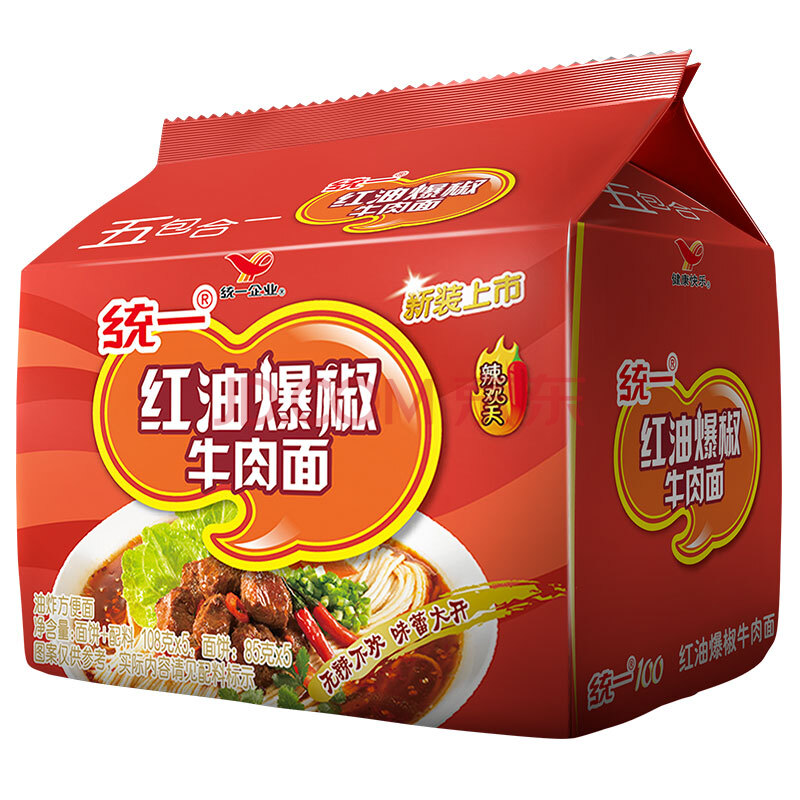 统一 红油爆椒牛肉面 五合一 方便面 108克*5袋