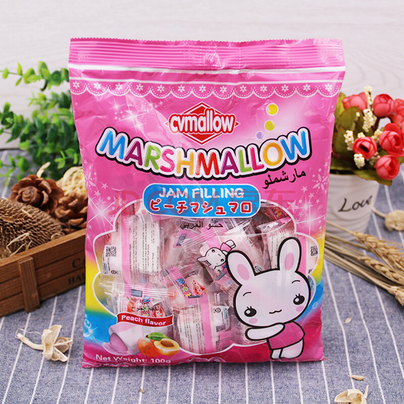 马来西亚进口 喜薇麦乐 桃味夹心棉花糖100g