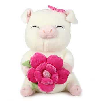 正版韩国ozland抱玫瑰花三顺猪抱枕 小猪猪毛绒玩具公仔 小号 27cm