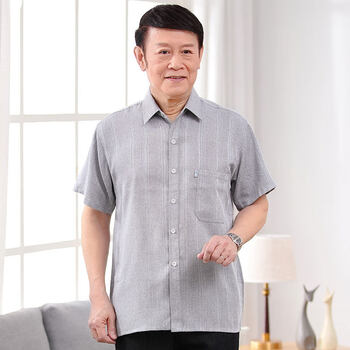 中老年人男衬衫薄款棉麻短袖爸爸亚麻衬衣60-70-80爷爷夏装老头衫 白