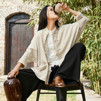 改良太极服夏季女太极拳练功服女太极服夏季薄款棉麻太极上衣短袖 原