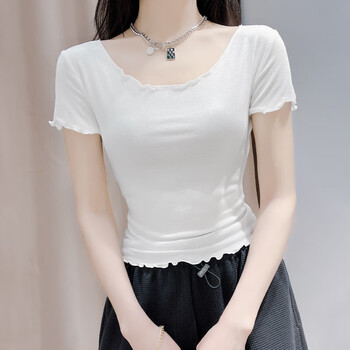 慕雪辞低胸紧身上衣夏季短袖圆领短款t恤女夏低领针织打底修身薄款