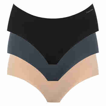 Calvin Klein女士纯色自然腰内裤ck休闲无痕三角内裤3条装 D2 黑色+灰色+肉色 S